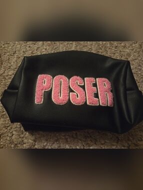 Black Faux Leather Pouch with Pink 'POSER' Chenille Patch Poser Makeup Bag